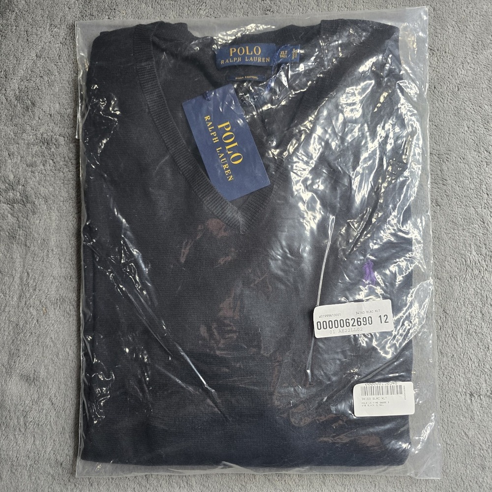 NWT Polo Ralph Lauren V-Neck Sweater Mens XLT Black Gauge Rib Stitch L/S Classic